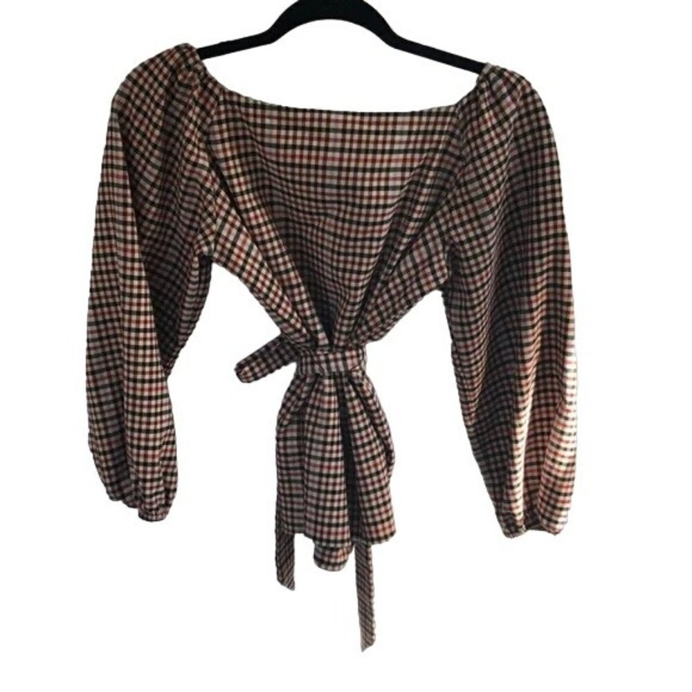 Ann Taylor  tan checkered blouse, tie closure around‎ high waist, size Large